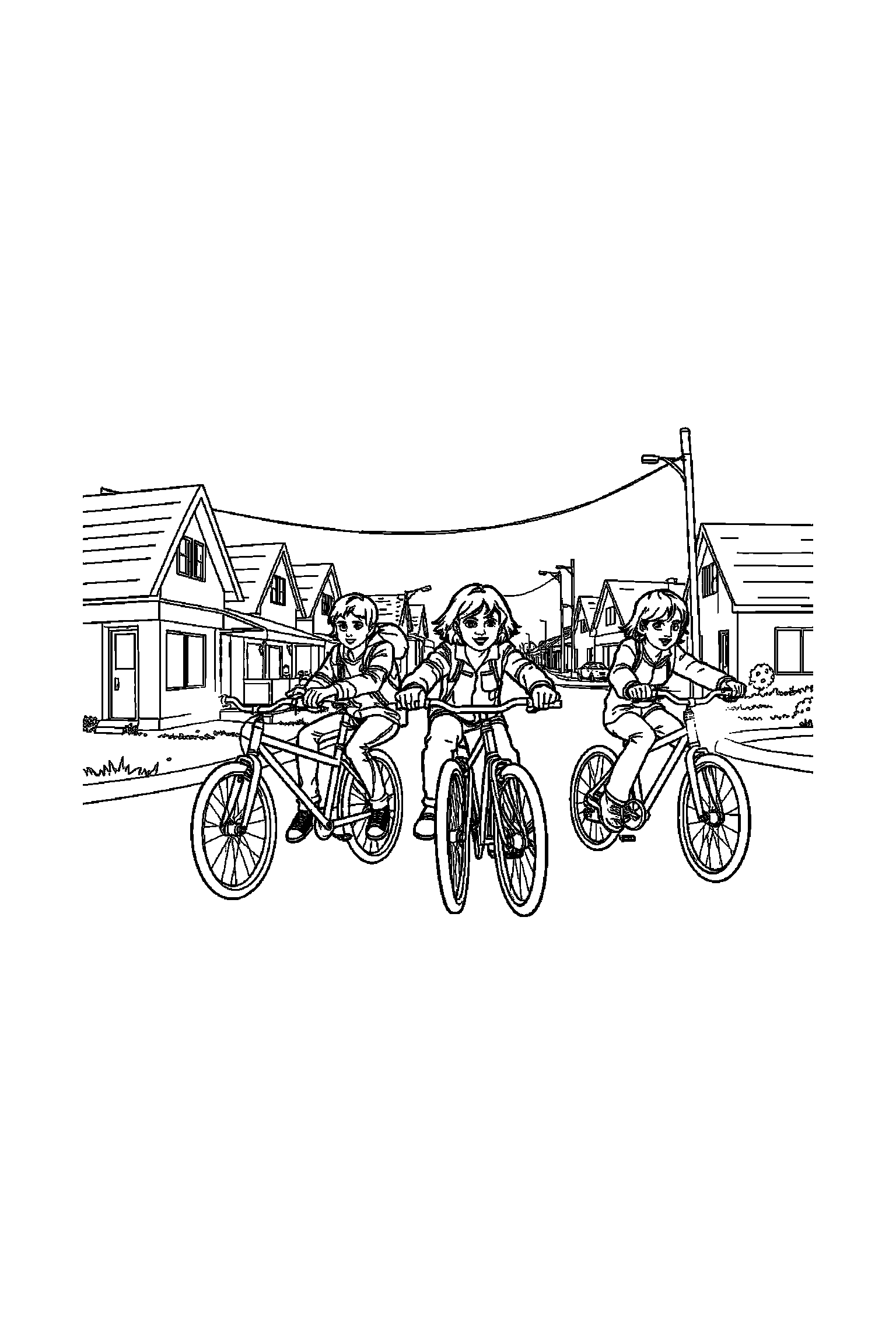 Coloriage Stranger Things gratuit à imprimer - Eleven dans une rue de Hawkins avec plusieurs détails Coloriage Stranger Things gratuit à imprimer : Eleven dans une rue de Hawkins avec plusieurs détails