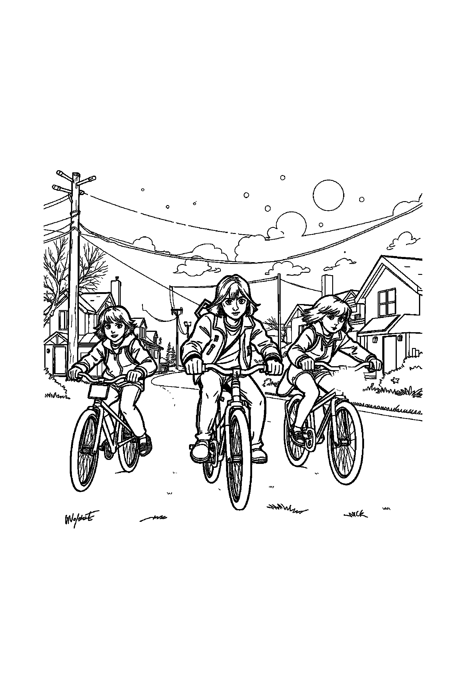Coloriage Stranger Things gratuit à imprimer - Dustin entouré par des motifs étoiles et de petits objets Coloriage Stranger Things gratuit à imprimer : Dustin entouré par des motifs étoiles et de petits objets
