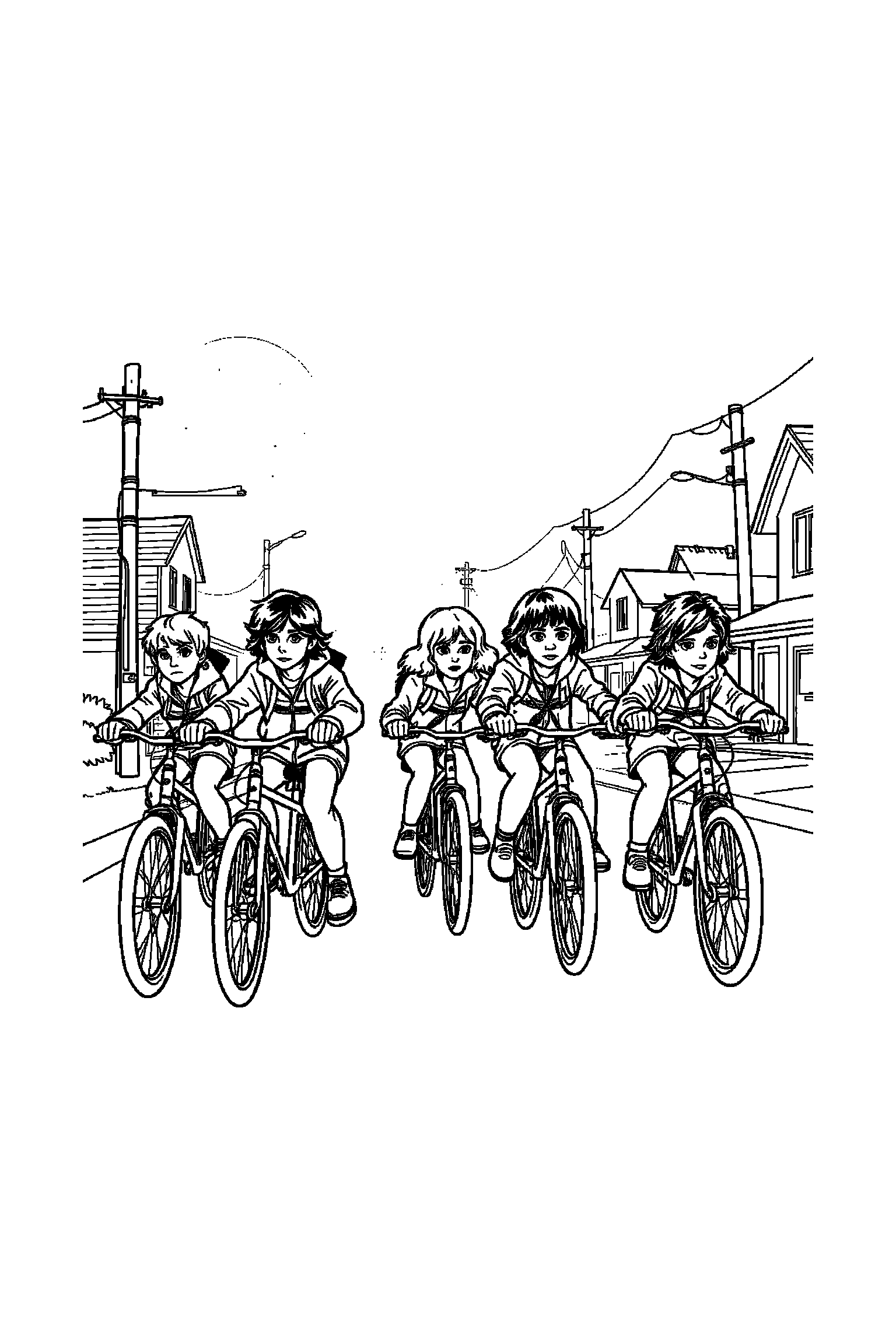 Coloriage Stranger Things gratuit à imprimer - scène verticale avec Mike et les héros de Hawkins Coloriage Stranger Things gratuit à imprimer : scène verticale avec Mike et les héros de Hawkins