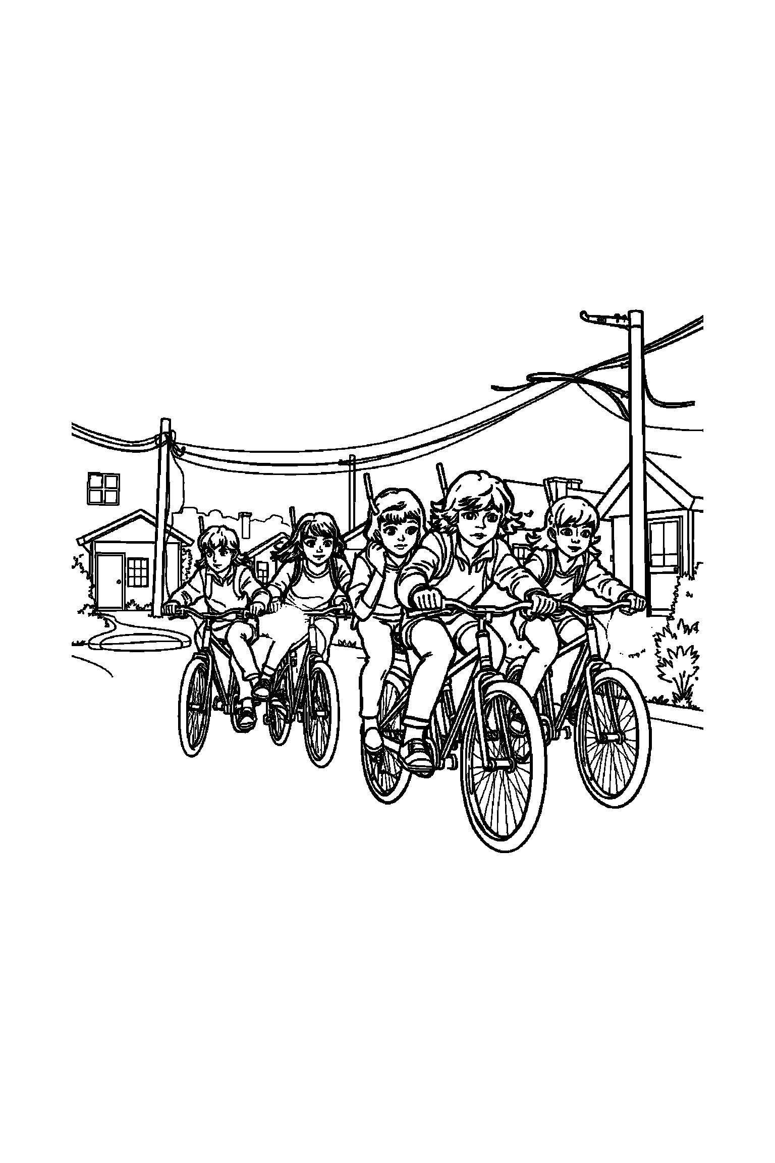 Coloriage Stranger Things gratuit à imprimer - Lucas au centre d'un décor riche mais lisible Coloriage Stranger Things gratuit à imprimer : Lucas au centre d'un décor riche mais lisible
