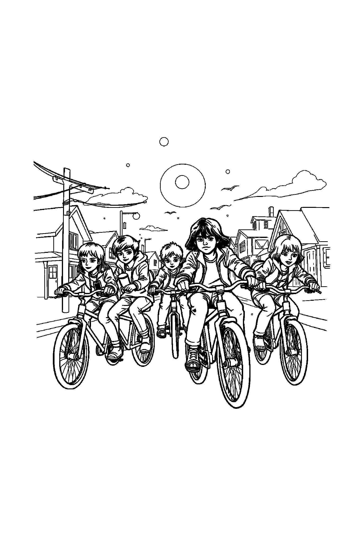 Coloriage Stranger Things gratuit à imprimer - Eleven dans une petite scène avec un vélo Coloriage Stranger Things gratuit à imprimer : Eleven dans une petite scène avec un vélo