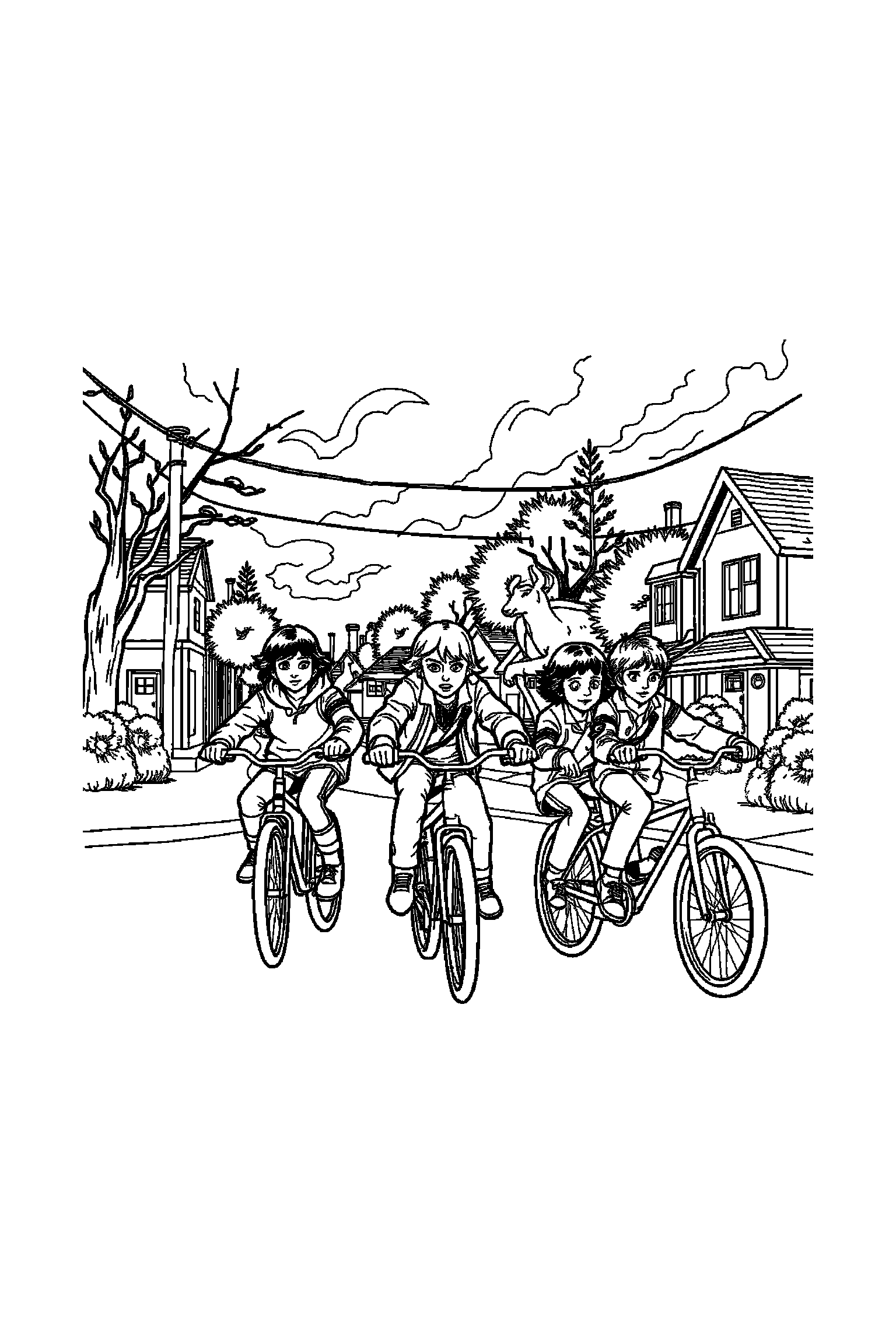 Coloriage Stranger Things gratuit à imprimer - Eleven avec décor détaillé de une rue de Hawkins Coloriage Stranger Things gratuit à imprimer : Eleven avec décor détaillé de une rue de Hawkins