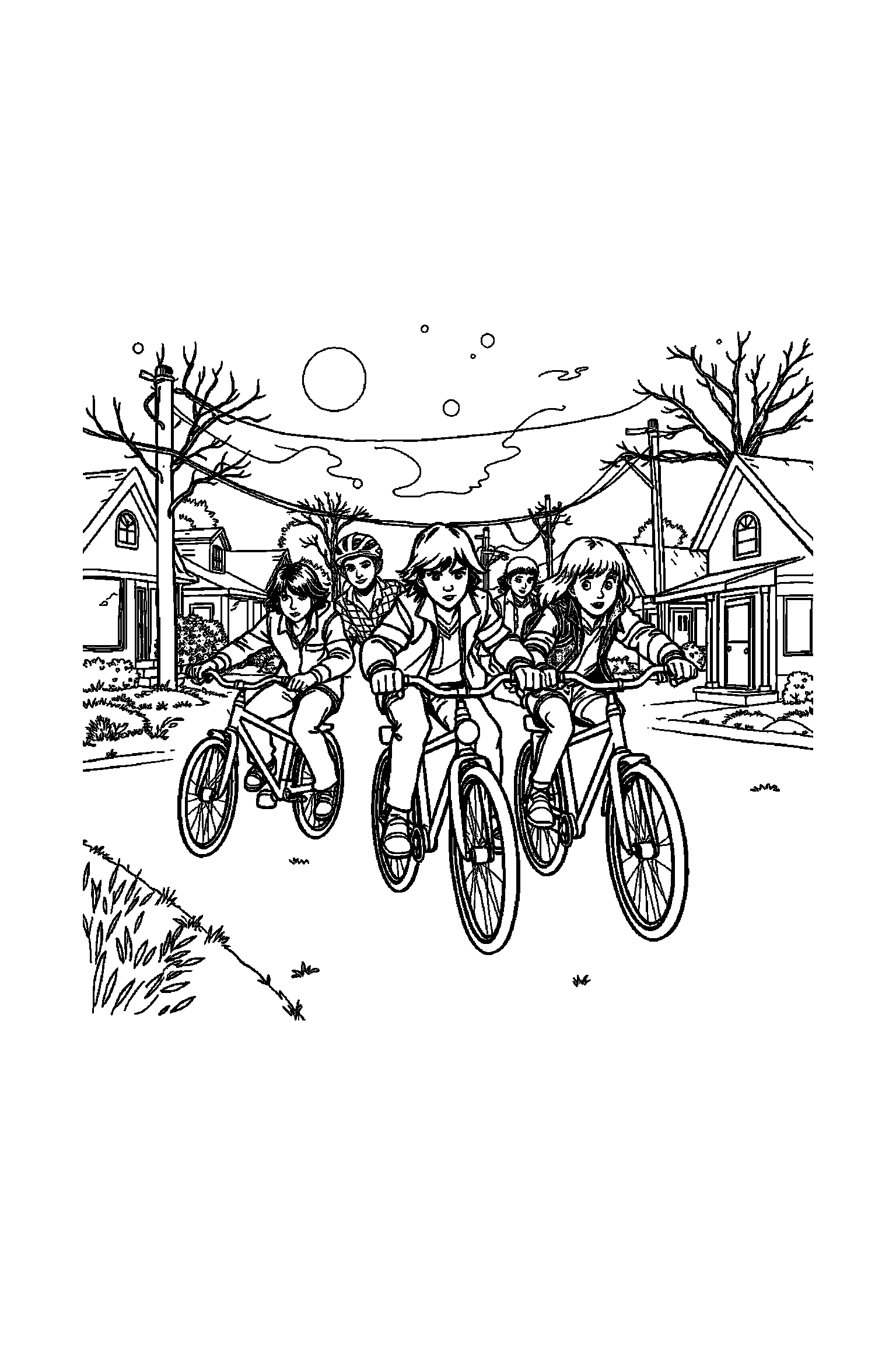 Coloriage Stranger Things gratuit à imprimer - les héros de Hawkins avec arrière-plan complet à colorier Coloriage Stranger Things gratuit à imprimer : les héros de Hawkins avec arrière-plan complet à colorier