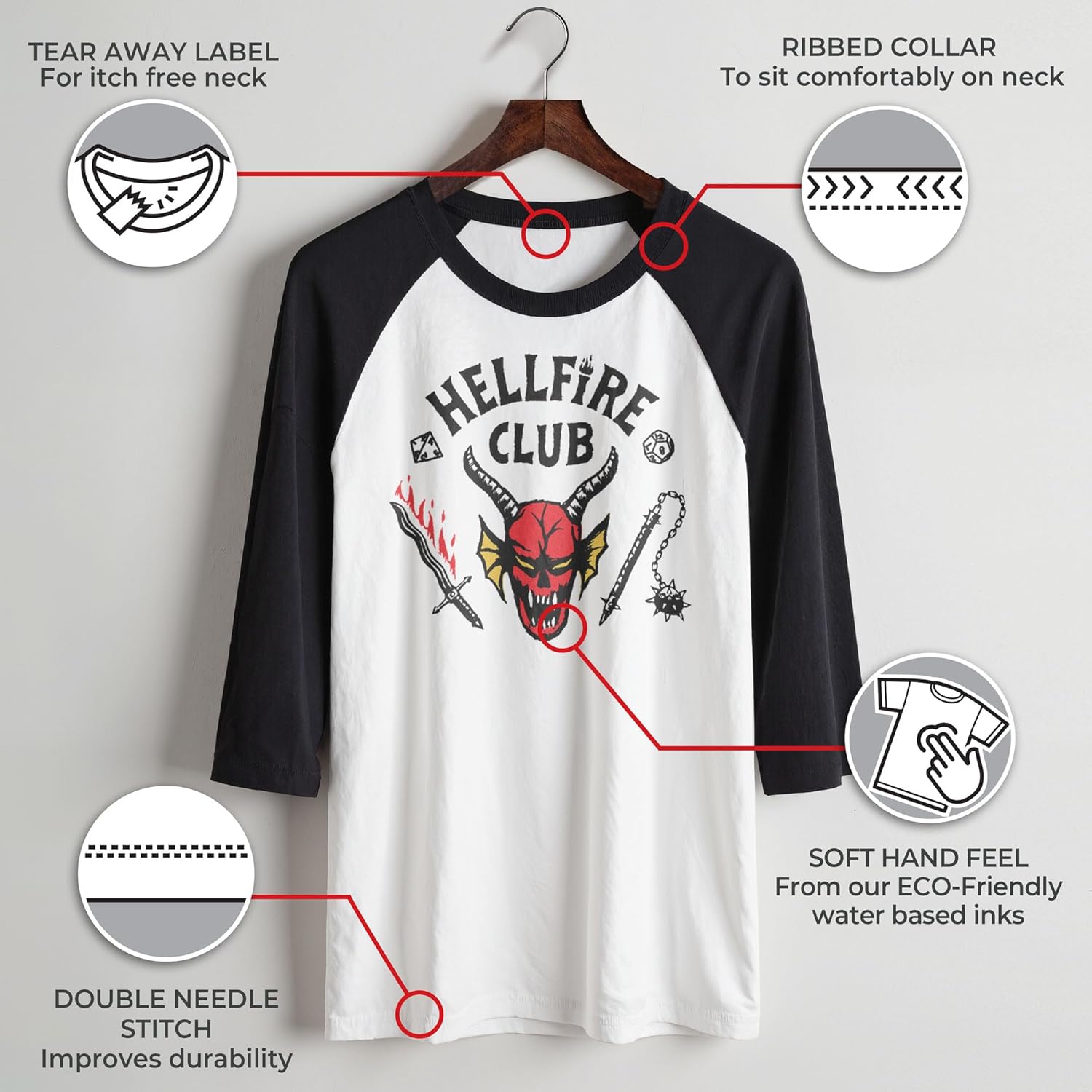 T-shirt raglan Hellfire Club Stranger Things à manches 3/4 pour homme – Image 3