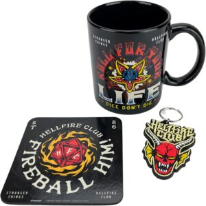 Coffret cadeau Stranger Things Hellfire avec tasse 325, dessous de verre et porte-clés