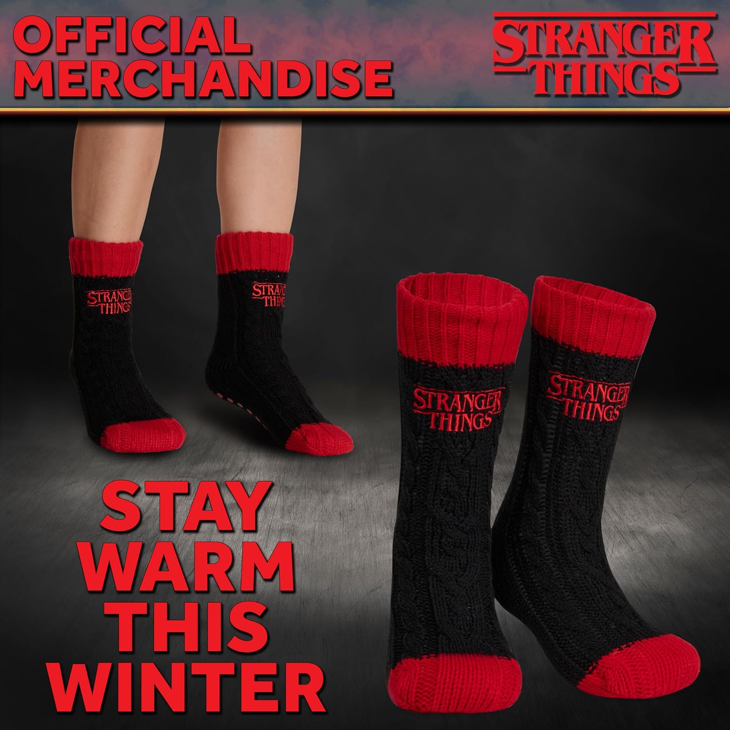Chaussettes chaussons antidérapantes Stranger Things fourrées noir – Image 3