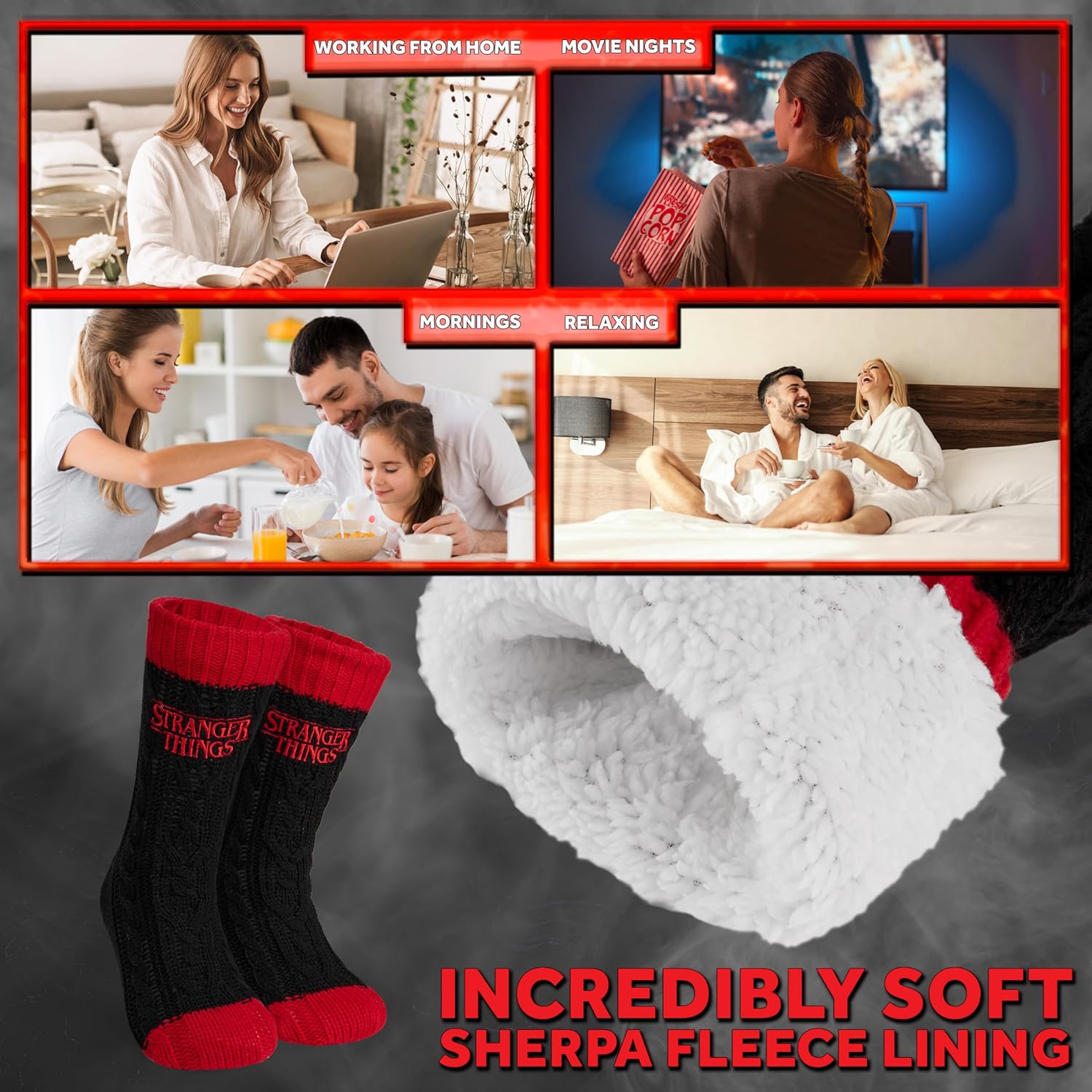 Chaussettes chaussons antidérapantes Stranger Things fourrées noir – Image 6