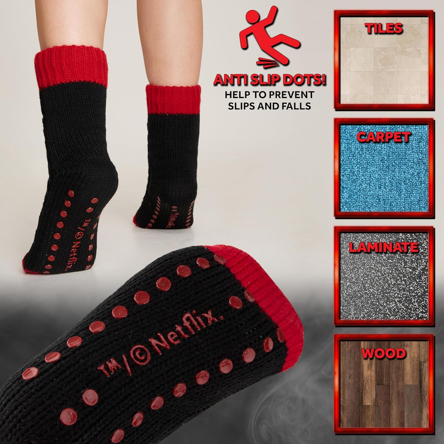Chaussettes chaussons antidérapantes Stranger Things fourrées noir – Image 4