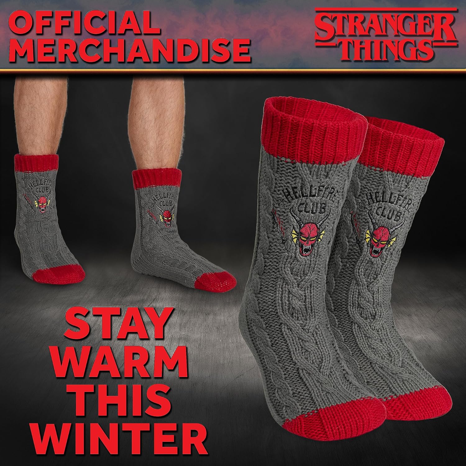 Chaussettes chaussons Stranger Things Hellfire Club en polaire antidérapantes – Image 3