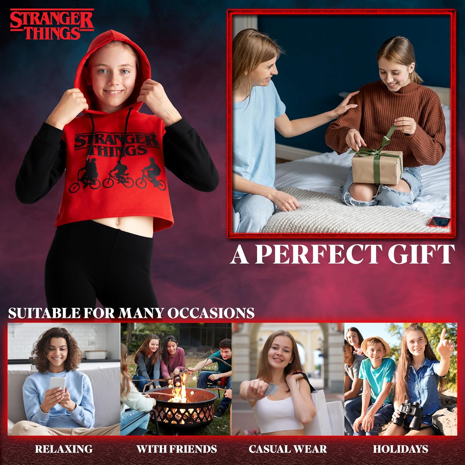 Sweat crop top à capuche Stranger Things en coton pour fille ado – Image 3